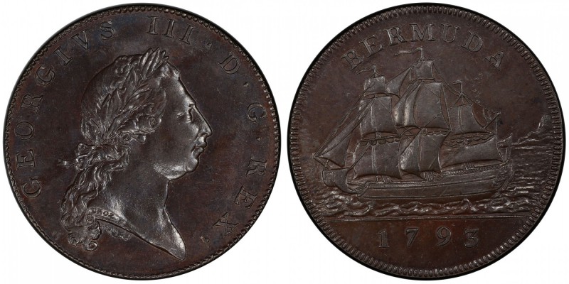 BERMUDA: George III, 1760-1820, AE penny, 1793, KM-5a, gorgeous specimen, dark c...