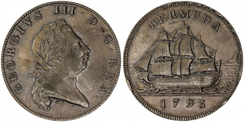 BERMUDA: George III, 1760-1820, AE penny, 1793, KM-5, variety with double pennan...