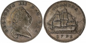 BERMUDA: George III, 1760-1820, AE penny, 1793, KM-5, variety with double pennant, reverse rim cuds, some underlying luster, one-year type, VF-EF.