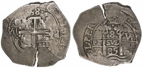 BOLIVIA: Carlos II, 1665-1700, AR 8 reales cob (27.06g), 1685-P, KM-26, assayer VR, two dates, three assayers, three mintmarks, broad flan, flan crack...