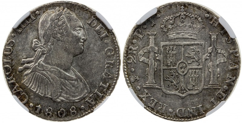 BOLIVIA: Carlos III, 1759-1808, AR 2 reales, 1808-PTS, KM-71, assayer PJ, NGC gr...