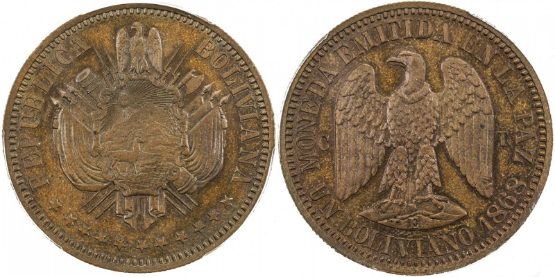 BOLIVIA: Republic, AE pattern boliviano (21.58g), 1868, KM-Pn24var, assayer CT, ...