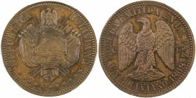 BOLIVIA: Republic, AE pattern boliviano (21.58g), 1868, KM-Pn24var, assayer CT, with E below eagle, reeded edge, UN in denomination, PCGS graded Speci...
