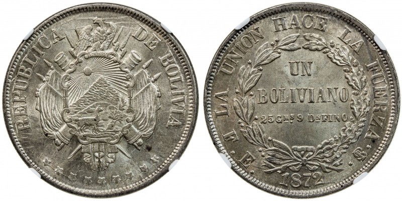 BOLIVIA: Republic, AR boliviano, 1872, KM-155.4, elaborate shield type, assayer ...