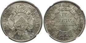 BOLIVIA: Republic, AR boliviano, 1872, KM-155.4, elaborate shield type, assayer FE, NGC graded MS61.