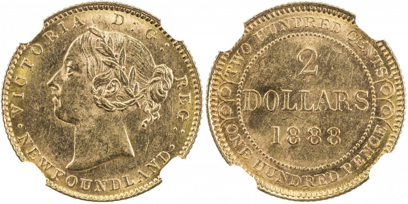 NEWFOUNDLAND: Victoria, 1837-1901, AV 2 dollars, 1888, KM-5, obverse 3, NGC grad...