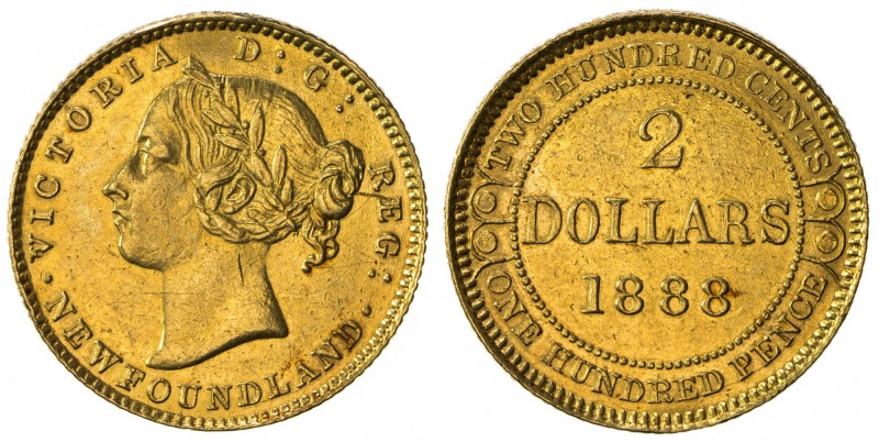 NEWFOUNDLAND: Victoria, 1837-1901, AV 2 dollars, 1888, KM-5, obverse 3, light ha...