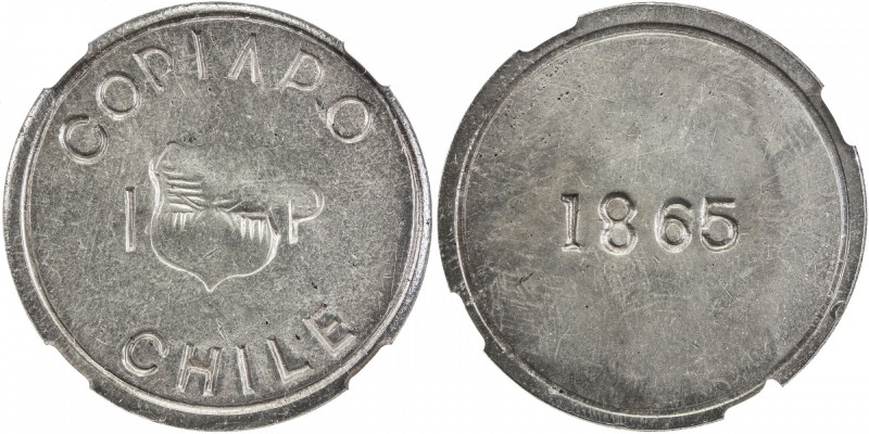 CHILE: Republic, AR peso, Copiapó Province, 1865, KM-4, arms // date, dated duri...
