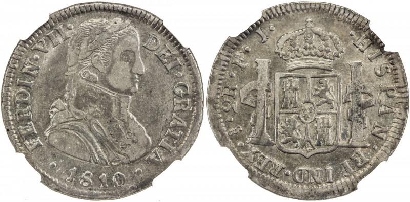 CHILE: Fernando VII, 1808-1817, AR 2 reales, 1810-So, KM-74, assayer FJ, imagina...