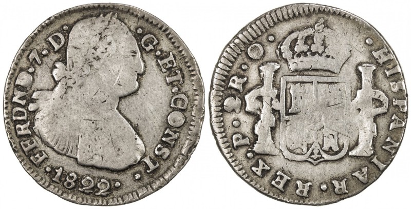 COLOMBIA: Fernando VII, 1808-1822, AR 2 reales (5.76g), Pasto, 1822-P, KM-74, Re...