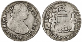 COLOMBIA: Fernando VII, 1808-1822, AR 2 reales (5.76g), Pasto, 1822-P, KM-74, Restrepo 115.1, two pellets after the date, struck at Pasto, not Popayan...