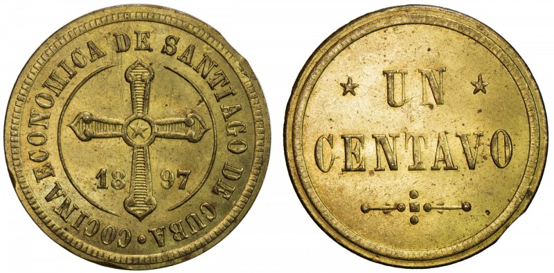 CUBA: 1 centavo token, Santiago, 1897, Rulau-Ori 100, 24mm, struck in brass, tok...