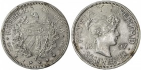 CUBA: AR souvenir peso, 1897, Bruce-XM2, variety with right star below the date line, hairlined, mintage of only 4,286 pieces, UNC, S. Designed by Phi...