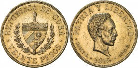 CUBA: Republic, AV 20 pesos, 1915, KM-21, struck at the Philadelphia mint, light surface hairlines, UNC.