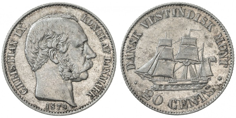 DANISH WEST INDIES: Christian IX, 1863-1906, AR 20 cents, 1879, KM-71, sailing s...