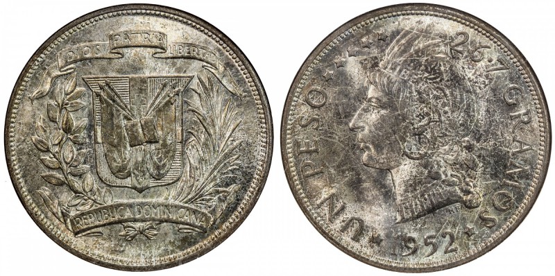 DOMINICAN REPUBLIC: Republic, AR peso, 1952, KM-22, NGC graded MS65.