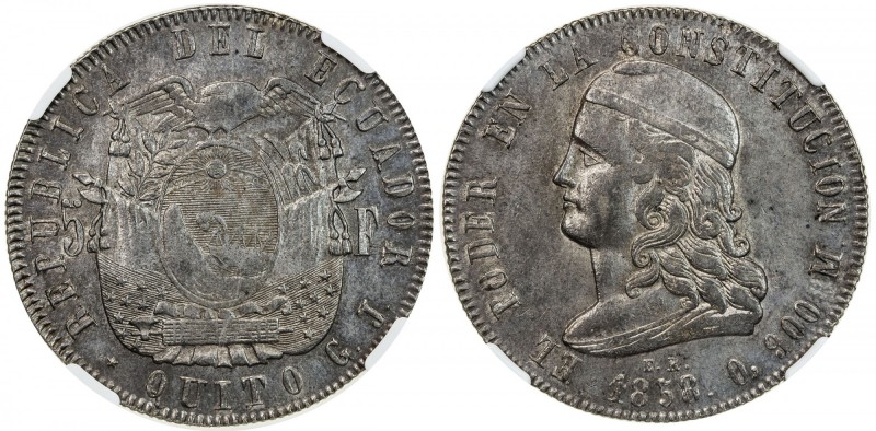 ECUADOR: Republic, AR 5 francos, Quito, 1858, KM-39, light attractive tone, NGC ...