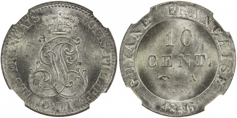 FRENCH GUIANA: Louis Philippe, 1830-1848, BI 10 centimes, 1846-A, KM-2, outstand...