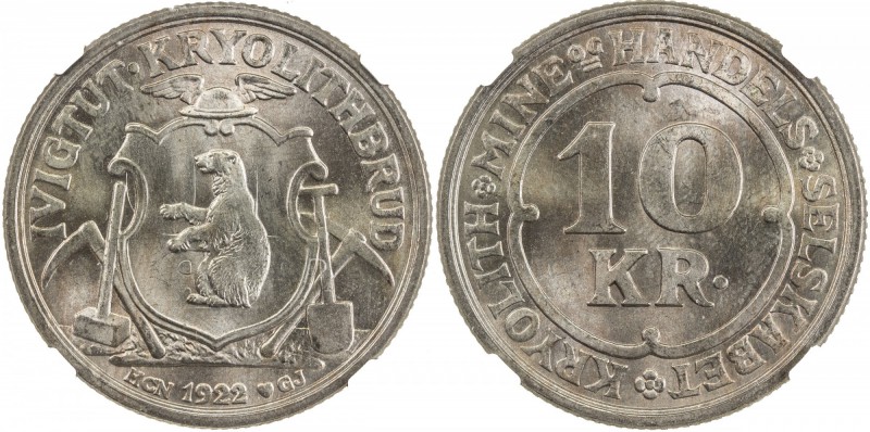 GREENLAND: Ivigtut: copper-nickel 10 kroner token, 1922, KM-Tn49, Ivigtut Cryoli...