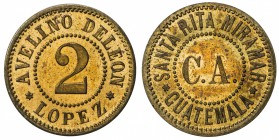 GUATEMALA: 2 [reales] token (2.26g), ND [ca. 1900s], cf. Rulau-Gma 111, cf. Paiz-FS.096.03, cf. Clark-408, 21mm brass token for Avelino de Léon López,...