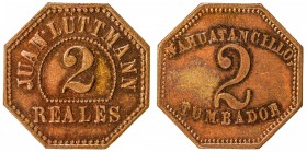 GUATEMALA: AE 2 reales token (2.62g), ND [ca. 1900s], Paiz-FN.02.03, 20mm octagonal bronze token for Juan Lüttmann, large "2" inside beaded semicircle...