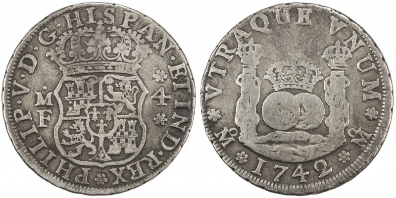 MEXICO: Felipe V, 1700-1746, AR 4 reales, 1742/1-Mo, KM-94, assayer MF, Pillar t...