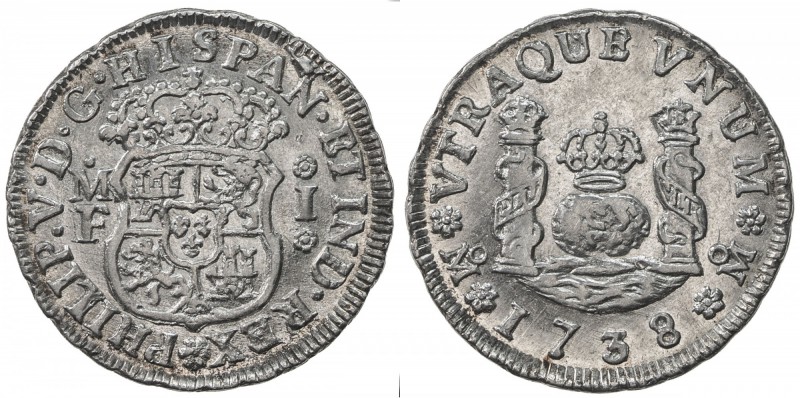 MEXICO: Felipe V, 2nd reign, 1724-1746, AR real, 1738/58-Mo, KM-75.1, assayer MF...