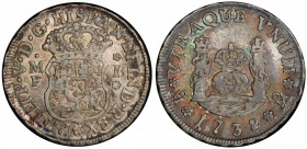 MEXICO: Felipe V, 2nd reign, 1724-1746, AR real, 1738-Mo, KM-75.1, assayer MF, NGC graded AU53. Only one graded higher by NGC.