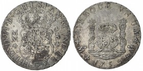 MEXICO: Fernando VI, 1746-1759, AR 8 reales, 1759-Mo, KM-140.2, "Columnario" or "Pillar dollar", assayer MM, VF-EF.