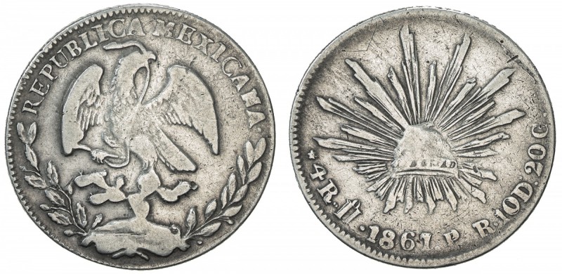 MEXICO: Republic, AR 4 reales, 1867/1, KM-345.1, assayer PR/FM, scarce mint for ...