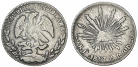 MEXICO: Republic, AR 4 reales, 1867/1, KM-345.1, assayer PR/FM, scarce mint for type, Fine, R.