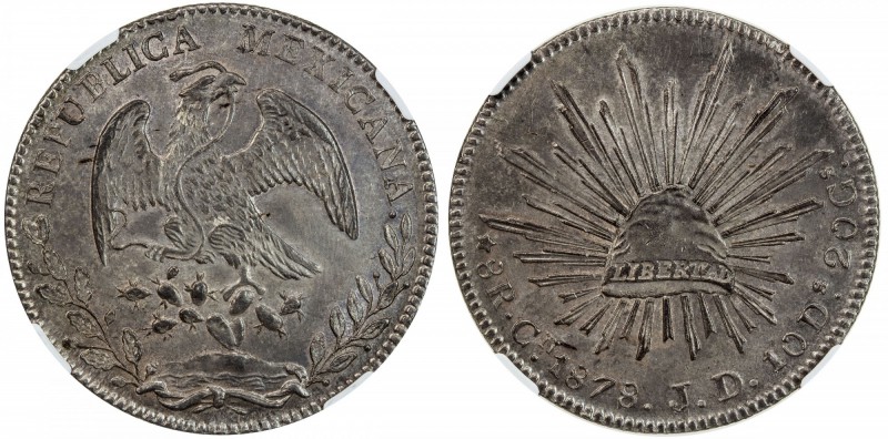 MEXICO: Republic, AR 8 reales, 1878-Cn, KM-377.3, assayer JD, D over retrograde ...