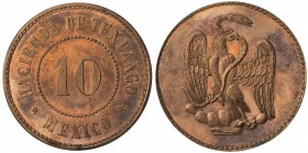 MEXICO: AE 10 [centavos] token (10.48g), ND [ca. 1890s], as Grove-1637, 30mm bronze hacienda token, large central "10" within beaded circle with "HACI...