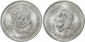 MEXICO: Republic, AR 5 pesos, 1954, KM-467, Hidalgo type, key date, Choice UNC.