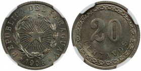 PARAGUAY: Republic, 20 centavos, 1908, KM-11, Schön-6, one-year type, struck at the Argentine Mint, NGC graded MS65, ex R. L. Lissner Collection.