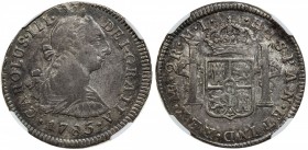 PERU: Carlos III, 1759-1788, AR 2 reales, Lima, 1785, KM-76a, assayer MI, NGC graded AU55. Finest graded by NGC.