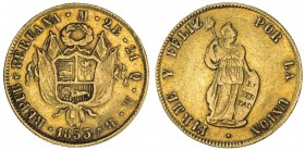 PERU: Republic, AV 2 escudos (6.70g), Lima, 1855, KM-149.2, AGW 0.1899 oz, VF.
