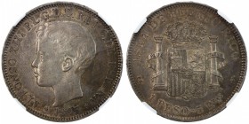 PUERTO RICO: Alfonso XIII, 1886-1898, AR peso, 1895-PG V, KM-24, one-year type, PCGS graded AU55.