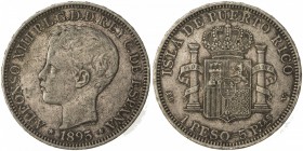 PUERTO RICO: Alfonso XIII, 1886-1931, AR peso, 1895, KM-24, initials PGV, baggy obverse, one-year type, Choice VF.