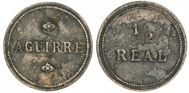 PUERTO RICO: AE ½ real token, ND, Rulau-Mav A3, 18mm, Aguirre with rosette above...