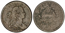 UNITED STATES: AE cent, 1807/6, VF, Draped Bust type, larger number "7" and a pointed tip on the number "1" variety.