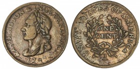 UNITED STATES: AE Washington cent token, 1783, Fine, "UNITY STATES" variety, togated and laureate bust left of Washington // ONE / CENT, with 1/100 be...