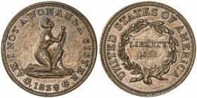 UNITED STATES: Hard Times token, 1838 (10.55g), HT-81, choice EF, AM I NOT A WOMAN & A SISTER, woman slave in chains, kneeling and facing up to the ri...