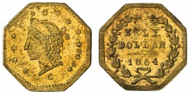 UNITED STATES: AV half dollar, 1864, BG-918, AU, California fractional gold token, Liberty head left, C below // denomination and date within wreath.