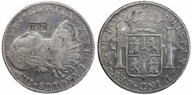 UNITED STATES: AR dollar token, EF on VF-EF host, merchant countermark H. P. on Mexico Carlos IV 8 reales 1797-Mo assayer FM (KM-109). Countermark unl...