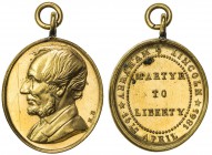 UNITED STATES:AE gilt medal (7.35g), ND (1867), King-280, UNC, 24x21mm oval gilt medal for the Death of Abraham Lincoln by Hugues Bovy, bust of Lincol...