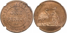 AUSTRALIA: AE penny token, ND, KM-Tn282.1, Andrews-571, Renniks-5, Advance Australia token by W. J. Taylor, London, kangaroo and emu facing, NGC grade...