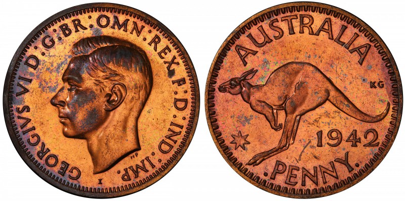 AUSTRALIA: George VI, 1936-1952, AE penny, 1942-I, KM-36, Bombay Mint proof rest...
