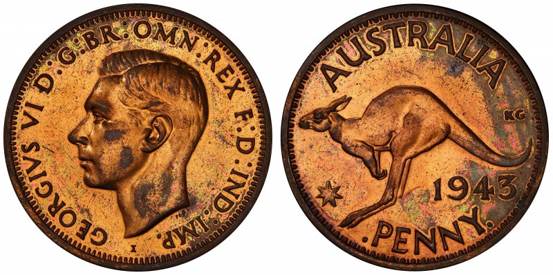 AUSTRALIA: George VI, 1936-1952, AE penny, 1943-I, KM-36, Bombay Mint proof rest...