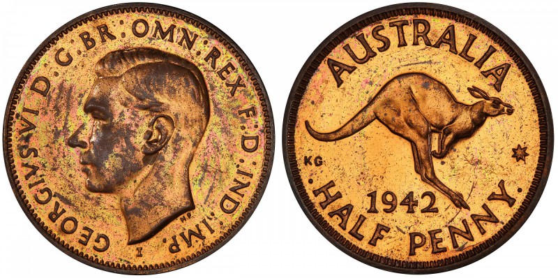 AUSTRALIA: George VI, 1936-1952, AE halfpenny, 1942-I, KM-41, Bombay Mint proof ...
